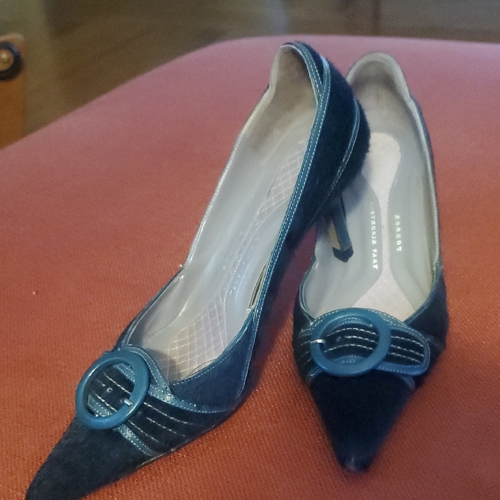 Ania Hindmarch Blue Suede Flats with Bow Detail London Made In ITALY